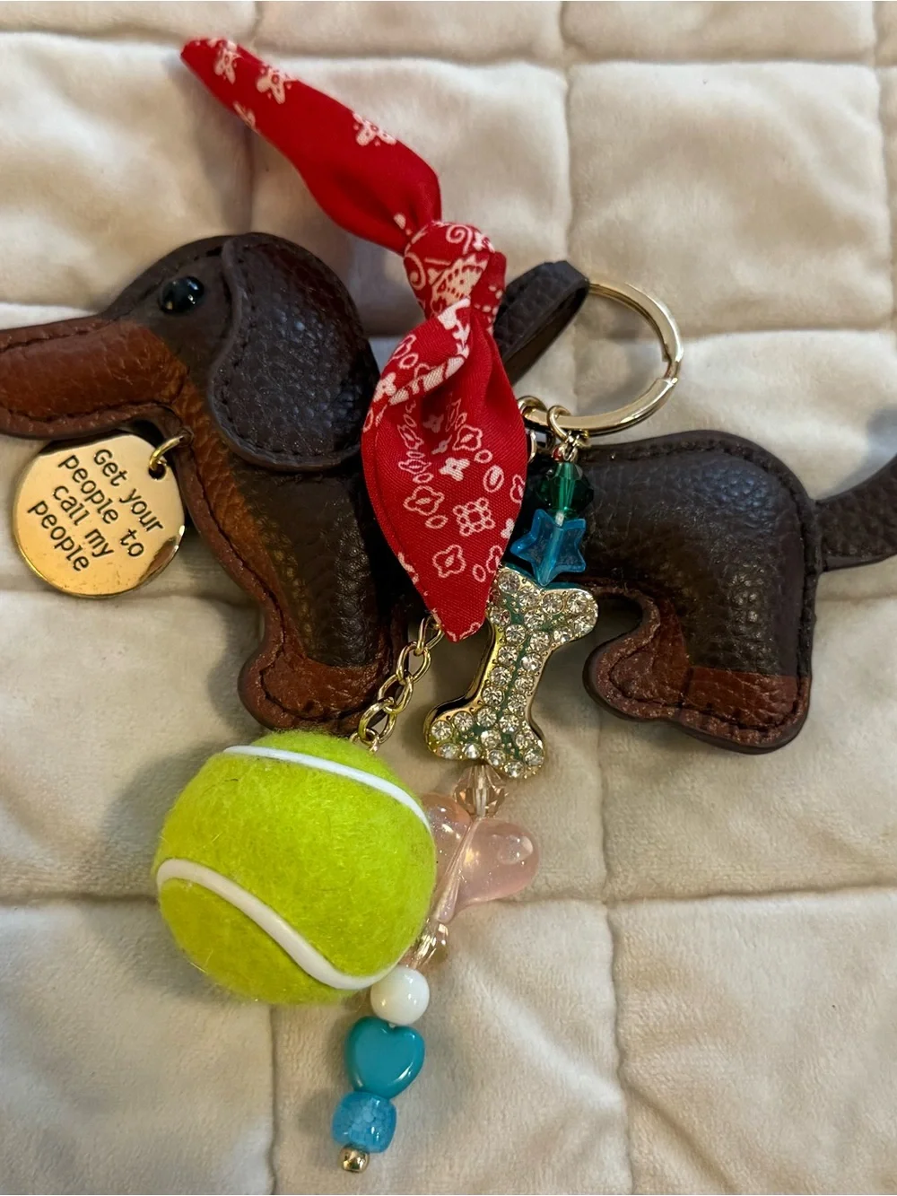 Charming Daschund Dog Keychain with Tennis Ball & Rhinestone Bone- Weiner Dog